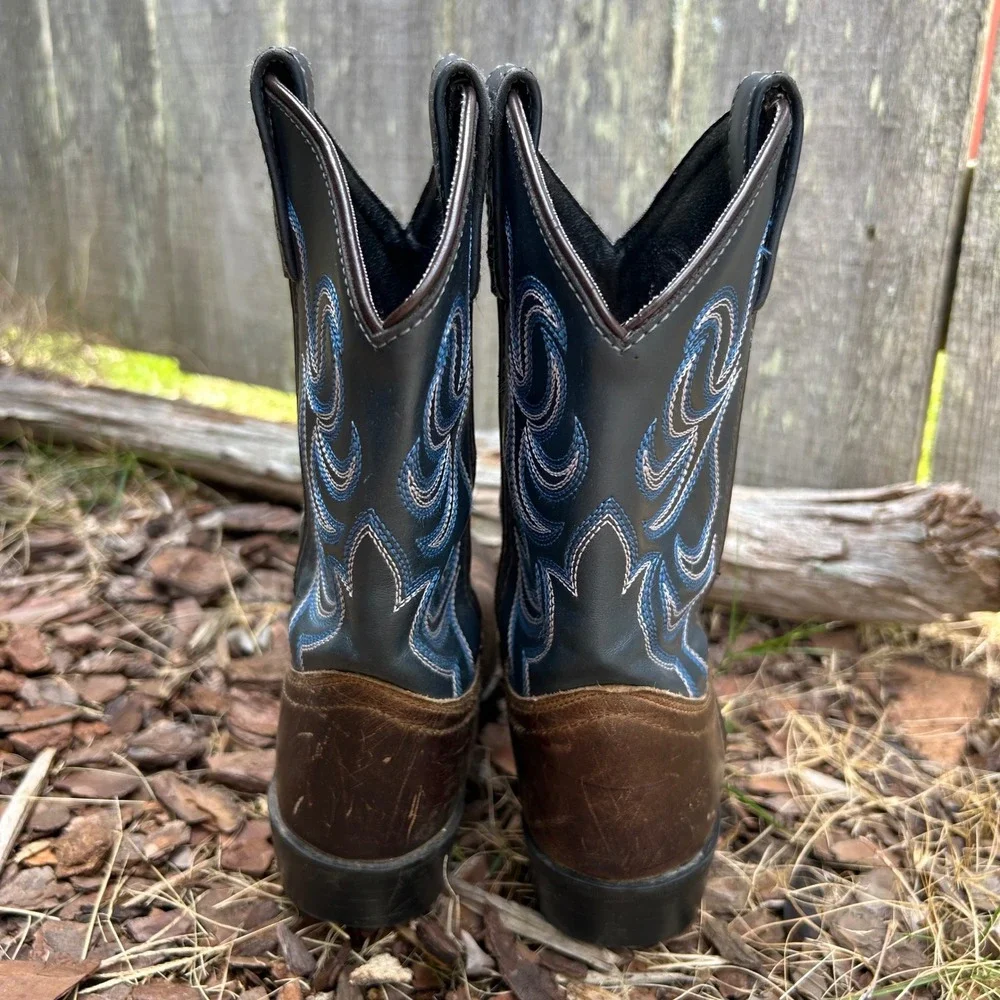 Cody James Western Cowboy Boots Brown Blue Flame Stitching Pull-On Size 1 - Picture 4 of 8